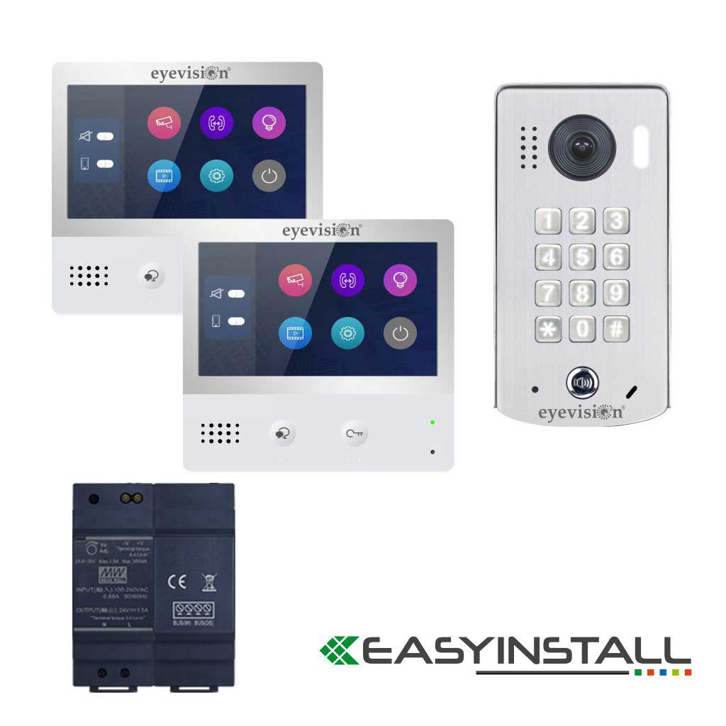 Eyevision® EasyInstall Two-Wire Video Intercom With Two Touch Screen Monitor and Surface Mount 2MP, 170° Super Wide Angle Video Intercom Doorbell