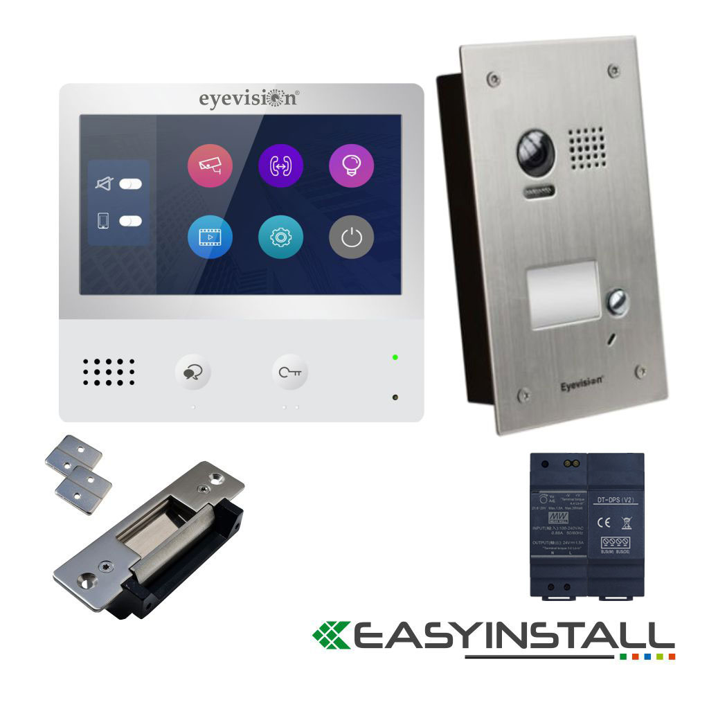 Eyevision® EasyInstall Two-Wire Doorbell Video Intercom and Electric Striker System with 7-Inch Touch Screen Intercom Monitor, 105 Degree Flush Mount Stainless Steel Outdoor Station Video Camera Doorbell, and Stainless Steel Electric Gate and Door Striker