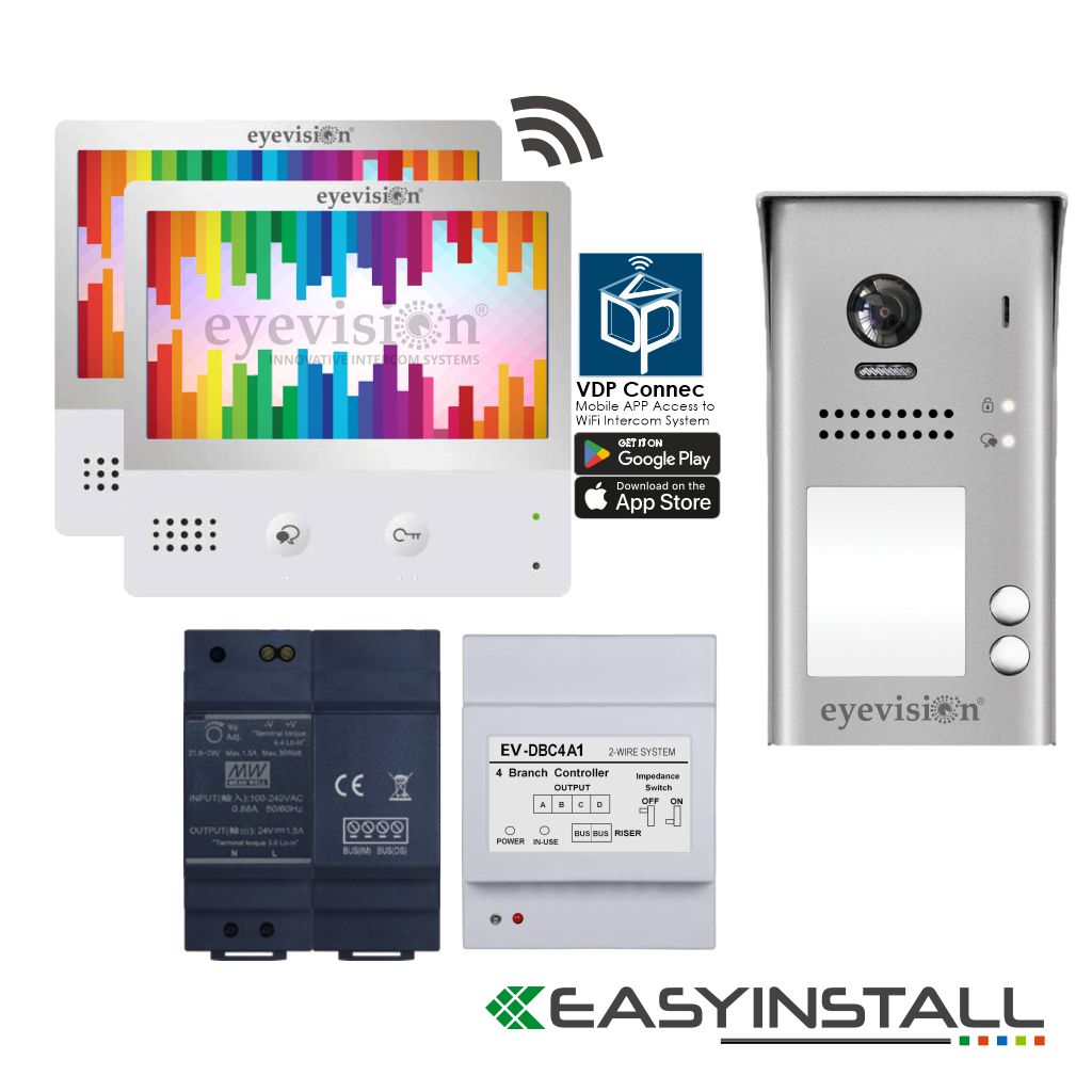 2 Wire Smart Video Intercom System, WiFi Connection, Smart Phone APP, 105° Video Camera, 2 Call Buttons Doorbell