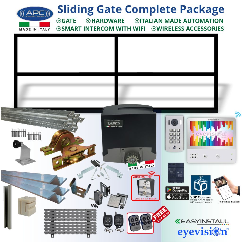 5m Complete Smart Home Gate Automation Package with Gate Frame + Sliding Gate Hardware + Italian Made Gate Opener + Wireless Accessories + WiFi Video Intercom