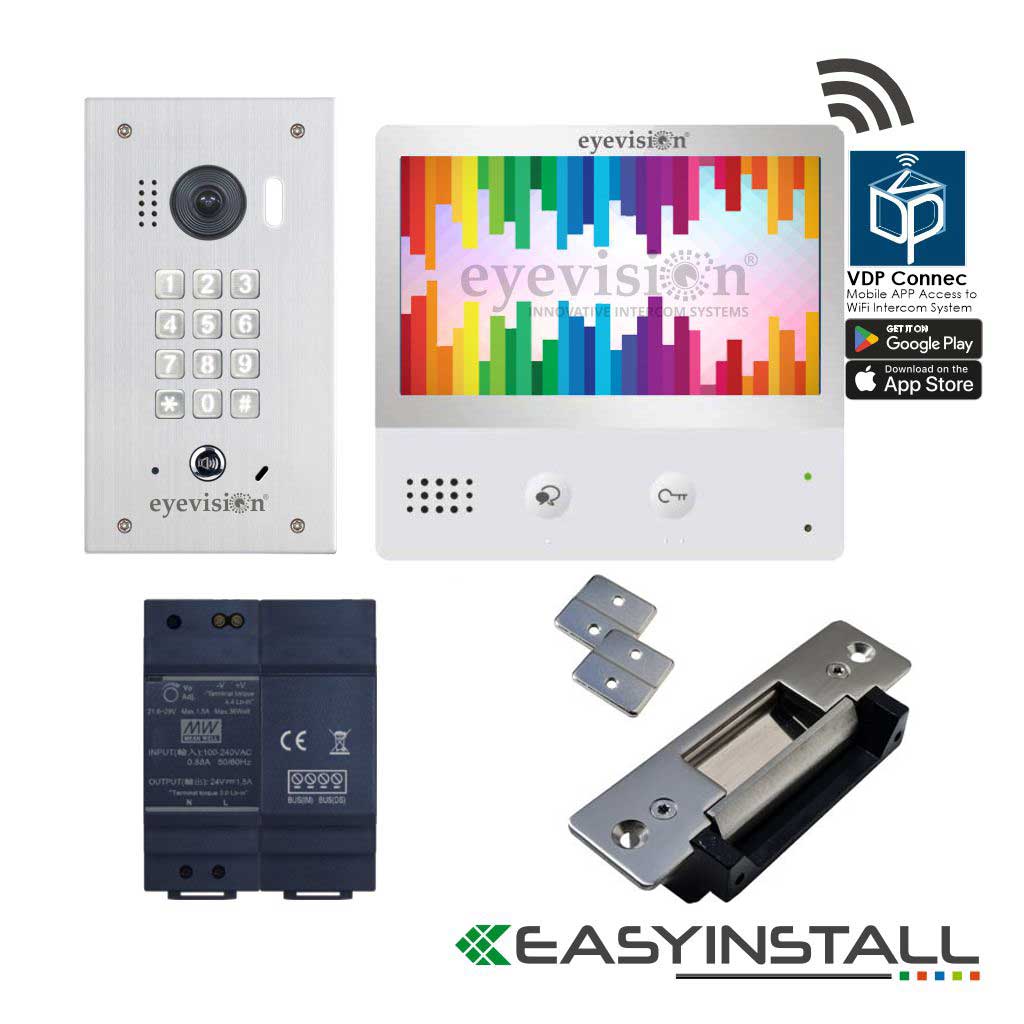 Eyevision® EasyInstall Two-Wire Smart WiFi Video Intercom Flush Mount Keypad Doorbell Camera System with Electric Striker System.