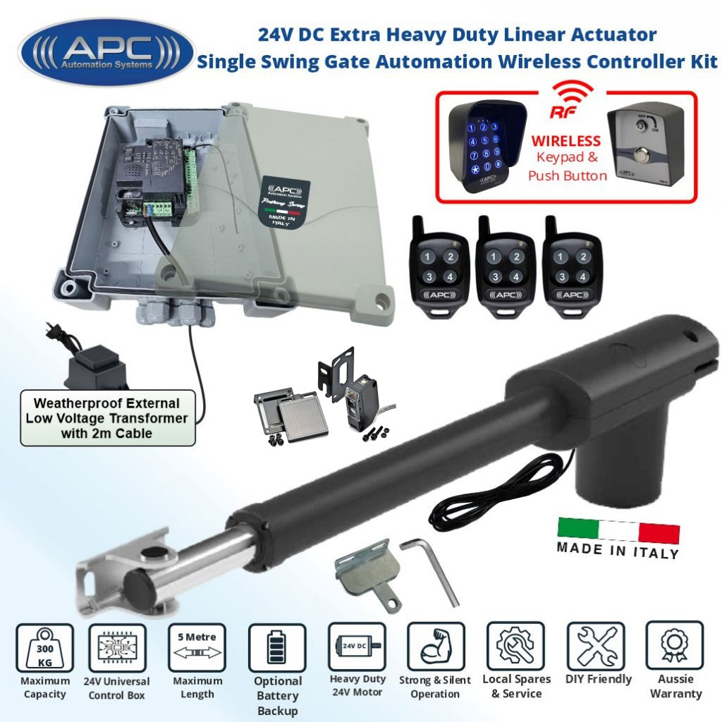 Driveway Gate Automation DIY Kit with Wireless Keypad and Push Button Switches Controller. Extra Heavy Duty Italian-Made APC PT-5000 Linear Actuator Automatic Electric Gate Opener
