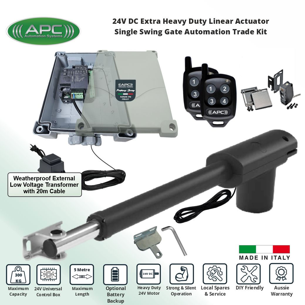 APC Single Swing Driveway Gate Automation 24V Low Voltage System with Extra Heavy Duty Italian Made Proteous PT-5000 Telescopic Linear Actuator, Remote Control Gate Opener