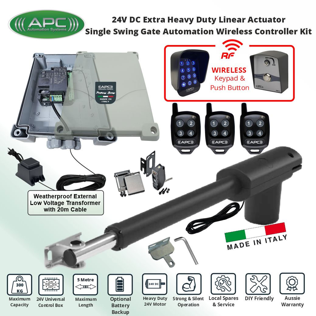 Driveway Gate Automation 24V System DIY Kit with Wireless Keypad and Push Button Switches Controller. Italian-Made APC PT-5000 Linear Actuator Automatic 24V Low Voltage Electric Gate Opener