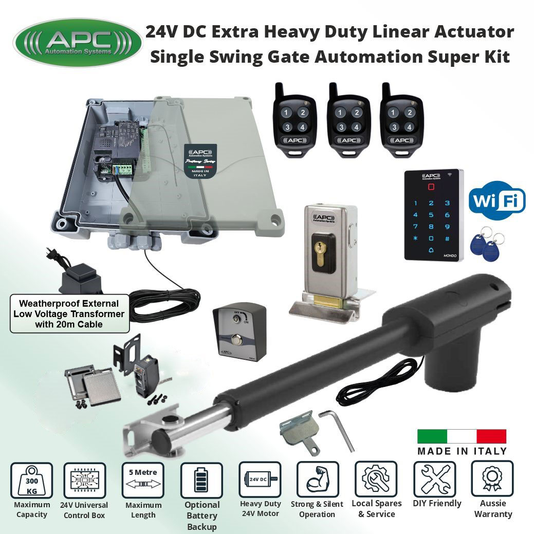 Single Swing Driveway Gate Opener 24V LV System, WiFi Keypad APP Controller Automatic Electric Gate Opener Kit