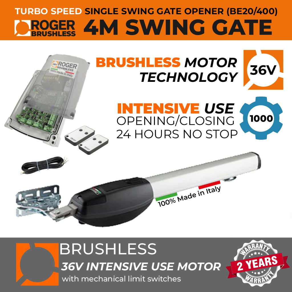 Italian-Made Roger Technology Brushless Swing Gate Automotion System| Max. 4M or 400KG Gate Leaf | Super Intensive Use