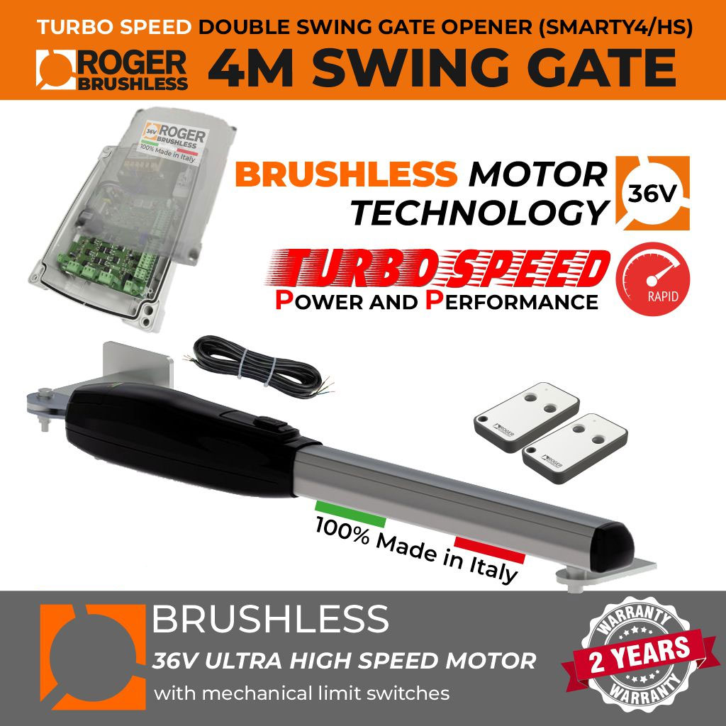 Italian-Made Roger Technology 36V Brushless Ultra High-Speed Swing Gate Opener | Max. 4M or 400KG Gate Leaf | Super Intensive Use
