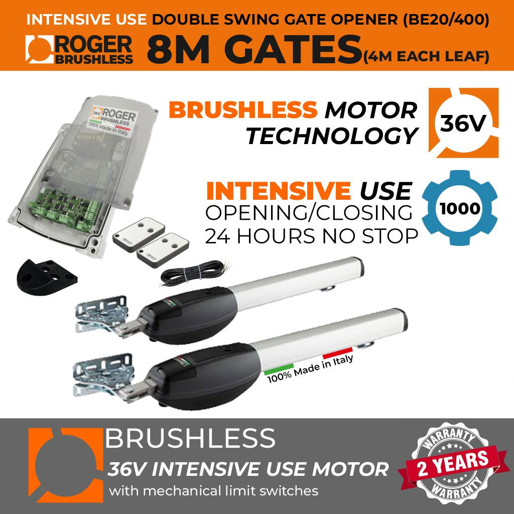 Italian-Made Roger Technology 36V Brushless Swing Gate Automotion System | Max. 8m Opening (4M or 400KG Each Leaf) | Super Intensive Use