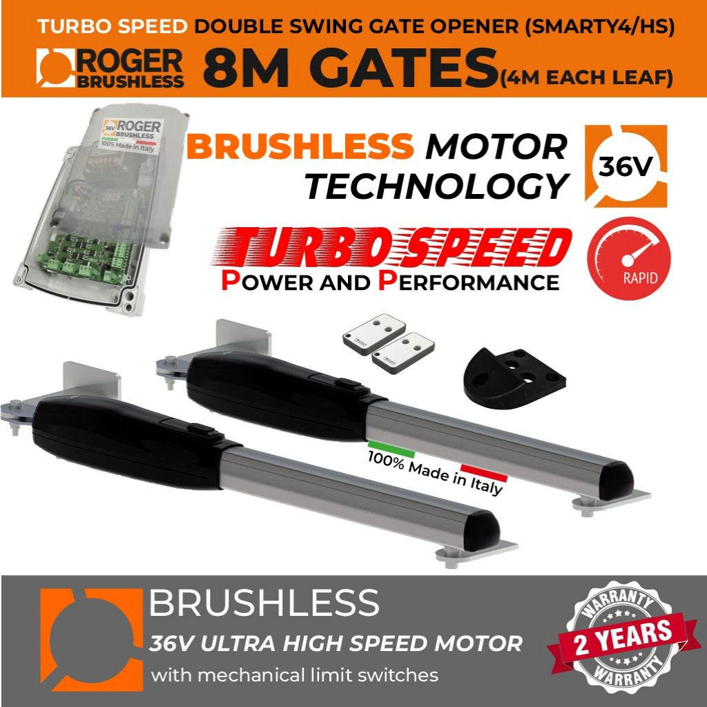 Italian-Made Roger Technology 36V Brushless Ultra High-Speed Swing Gate Motor, 8m Opening (4M or 400KG Each Leaf), Super Intensive Use