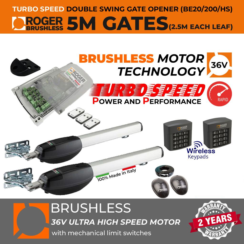 Roger Technology Brushless Ultra High-Speed Swing Gate Motor, 5m Opening ( 2.5M or 300KG Each Leaf), Super Intensive Use Double Gate Automation System