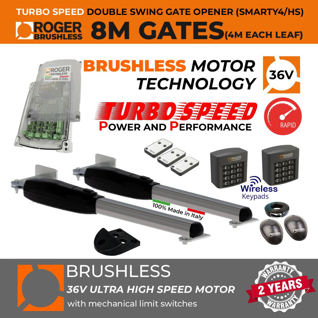 Italian-Made Roger Technology 36V Brushless Ultra High-Speed Swing Gate Motor, 8m Opening (4M or 400KG Each Leaf), Super Intensive Use