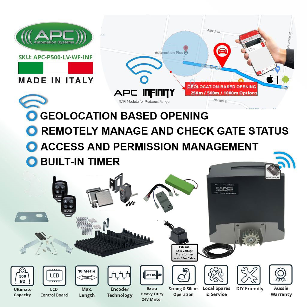 Extra Low Voltage 24V DC Electric Gate APC Proteous 500 FEATURE RICH Extra Heavy Duty Automatic Sliding Gate Opener Wi-Fi Kit with Encoder System