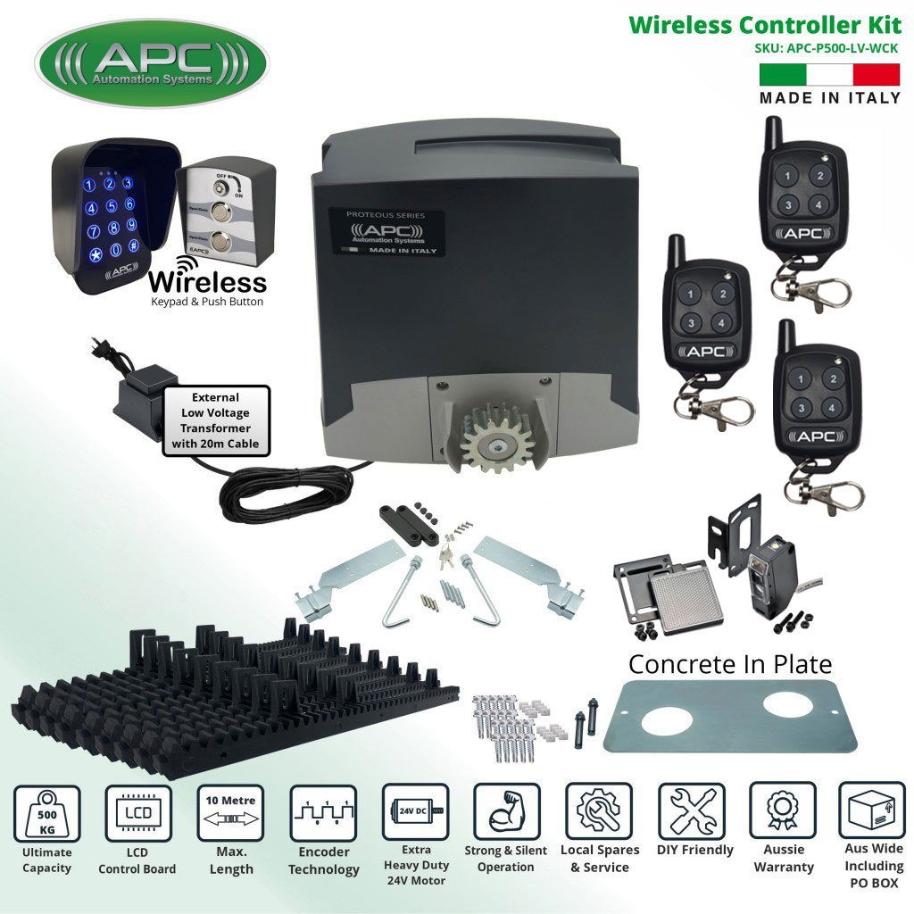 Extra Low Voltage 24V DC Electric Gate APC Proteous 500 FEATURE RICH Extra Heavy Duty Automatic Sliding Gate Opener Kit with Encoder System