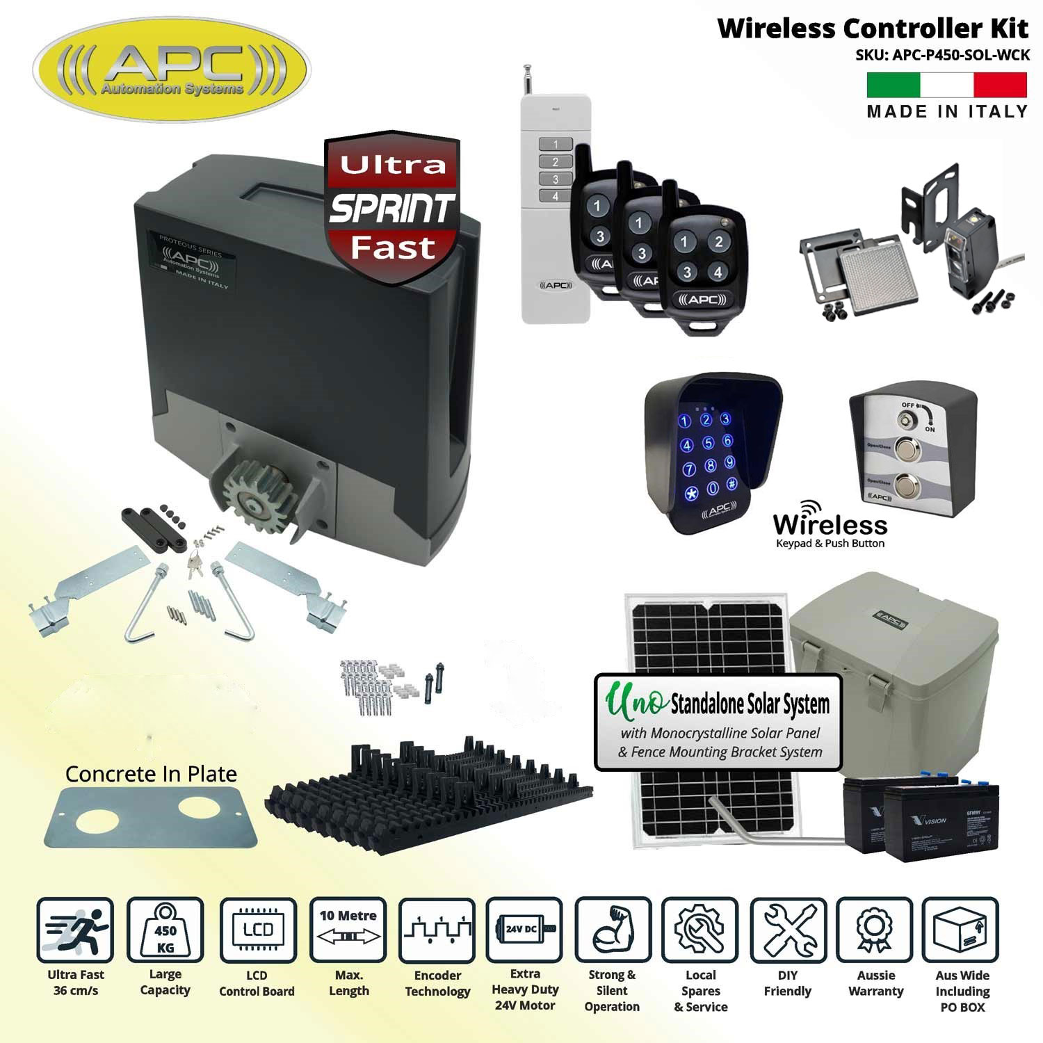Automatic Sliding Gate Automation, APC Proteous 450 Sprint, Solar Electric Sliding Gate Opener Wireless Controller Kit, APC Standalone Solar Gate Automation Systems