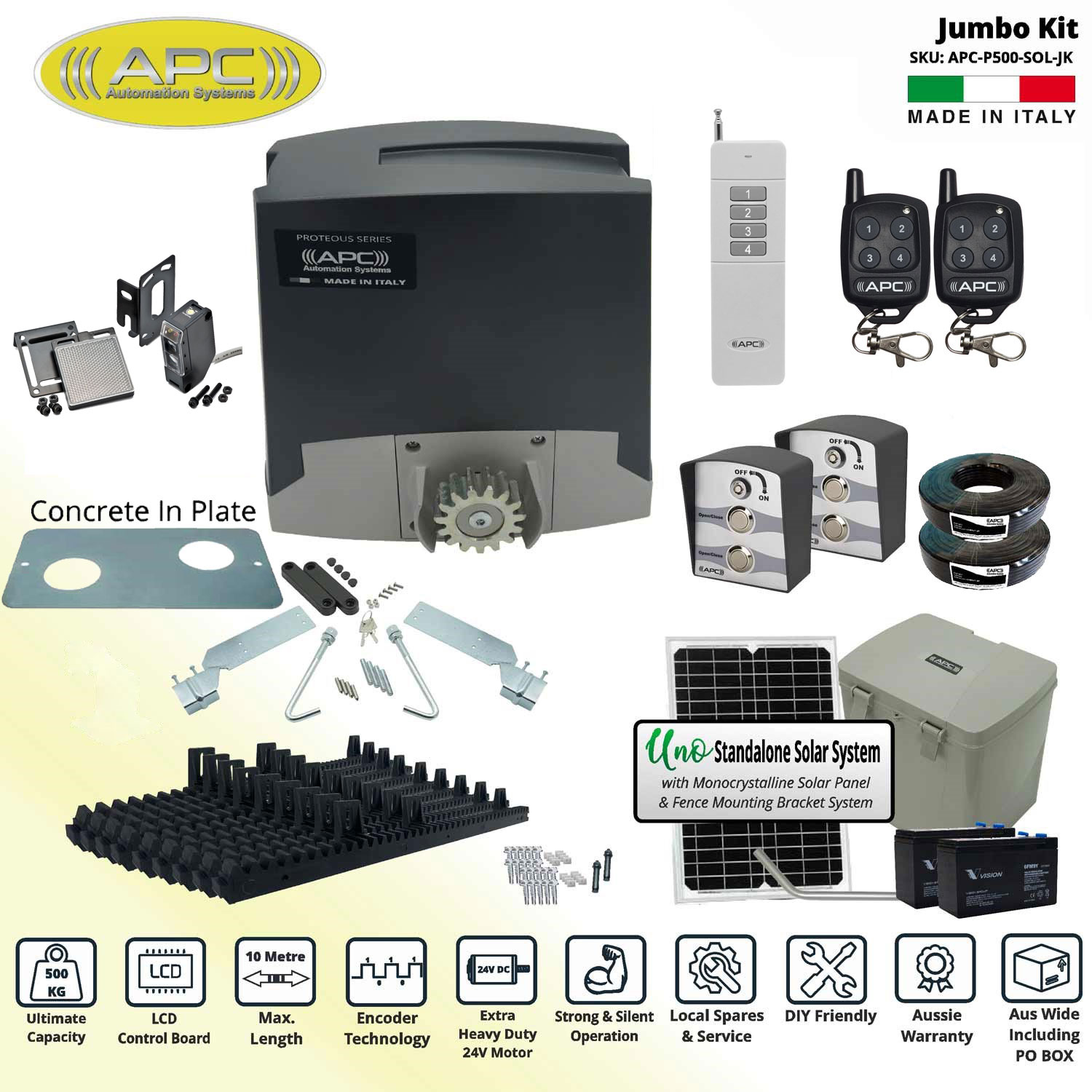 Solar Powered Electric Gate APC Proteous 500 FEATURE RICH - Italian Made 24V DC Extra Heavy Duty Automatic Sliding Gate Opener Jumbo Kit with Encoder System