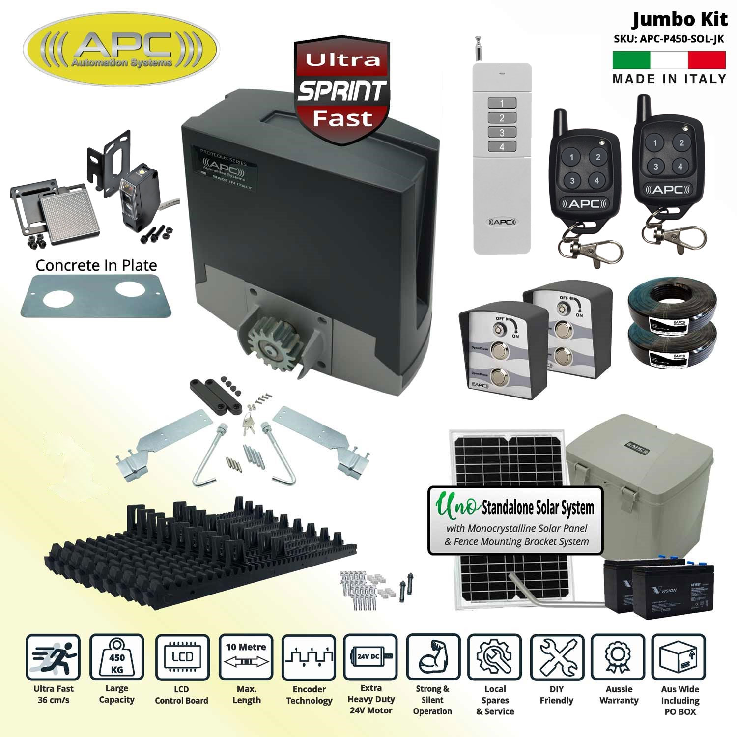 Solar Powered Electric Gate Automation APC Proteous 450 Automatic Sliding Gate Opener Jumbo Kit- Italian Made 24V DC Extra Heavy Duty ULTRA FAST Gate Automation with Encoder System