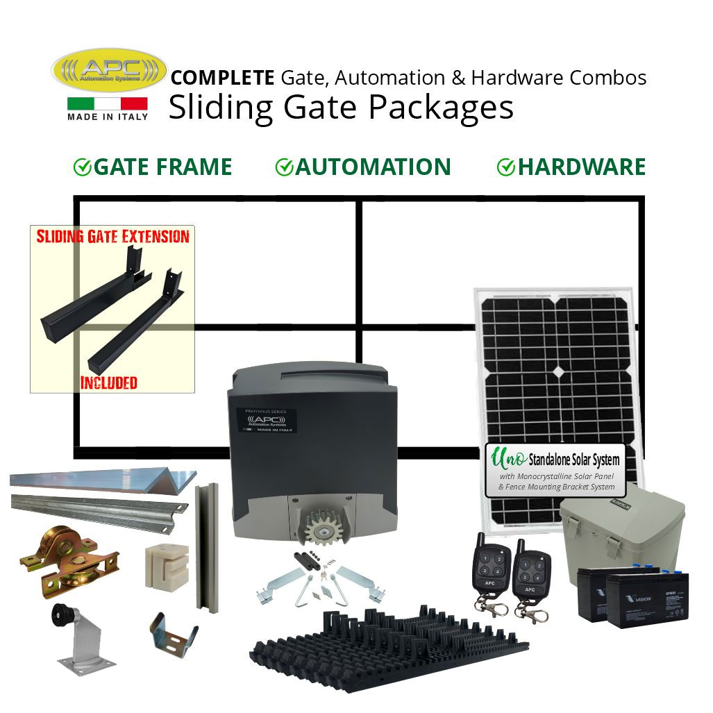 Solar Gate Automation 4.9m Gate Frame Combo Package (4.5m Gate Frame + 0.4m Gate Extension) including Hardware, Italian Made Sliding Gate Opener, Solar Panel, and Batteries
