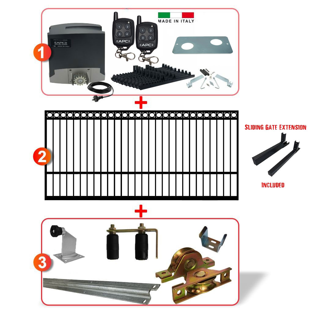 4.9m Ring Top Gate including Hardware and Heavy Duty Italian 500kg Sliding Gate Opener Combo Pack, APC Gate Automation System