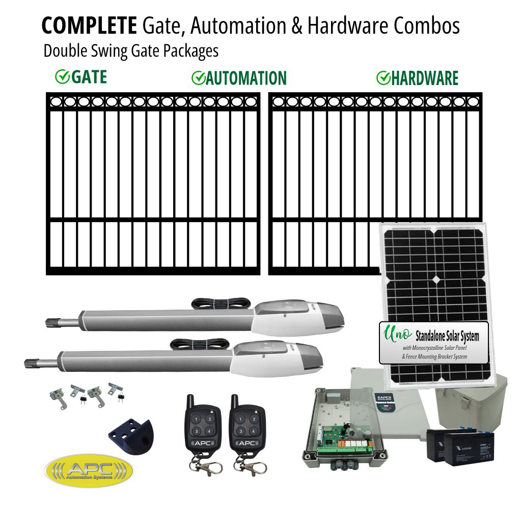 Complete Gate, Solar Powered Gate Automation & Hardware Combos with Heavy Duty Gate Opener. Solar Double Swing Gate Packages