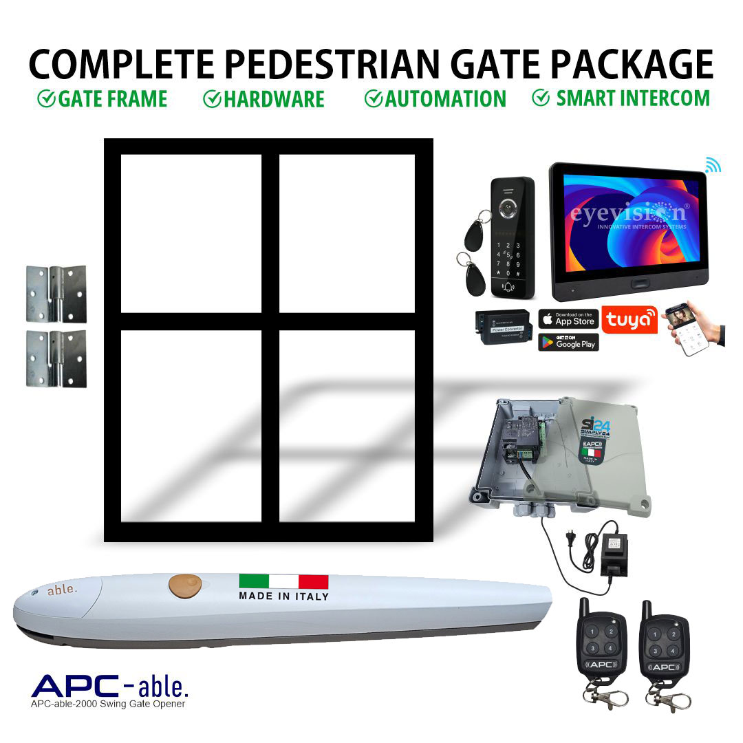 Complete Pedestrain Gate Packages with Gate Frame, Gate Automation, Hardware & Smartphone Intercom Combo