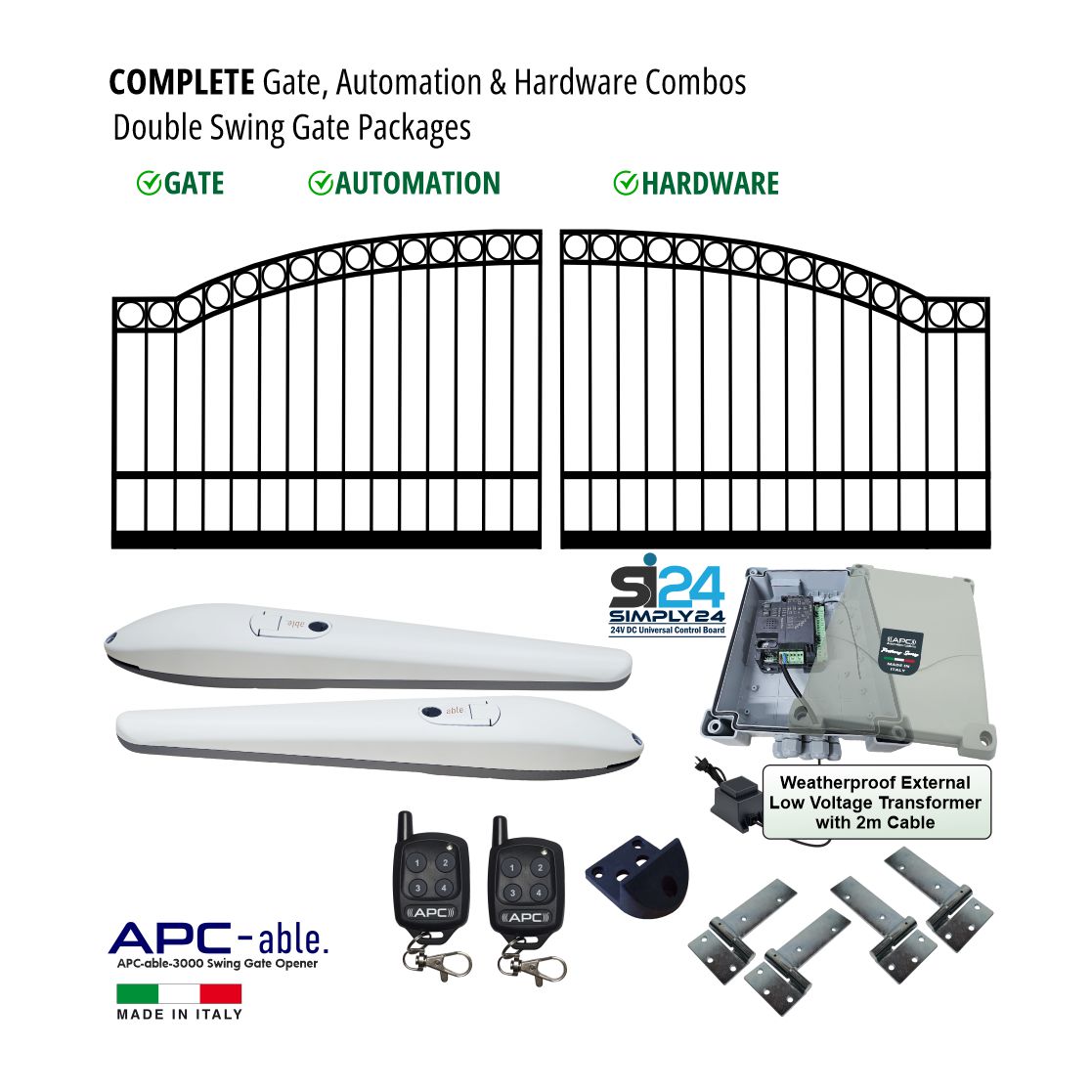 Complete Gate, Electric Gate Automation & Hardware Combos with Italian Made Heavy Duty Gate Opener System. APC Double Swing Electric Gate Packages