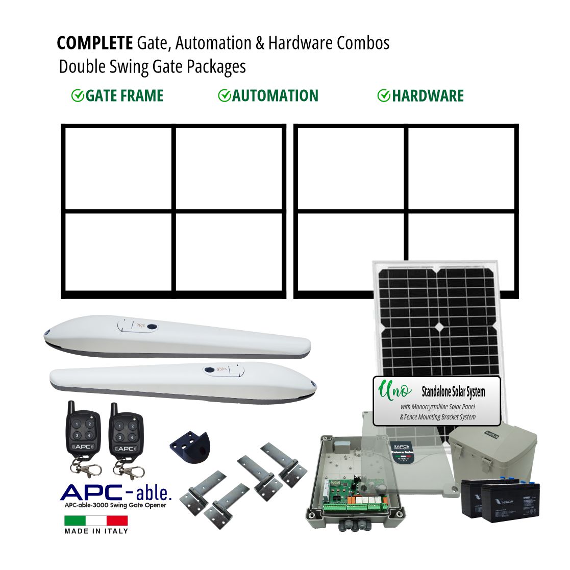 Complete Double Gate Frames, Solar Powered Gate Automation & Hardware Combos with Italian Made Gate Opener. Solar Double Swing Gate Packages