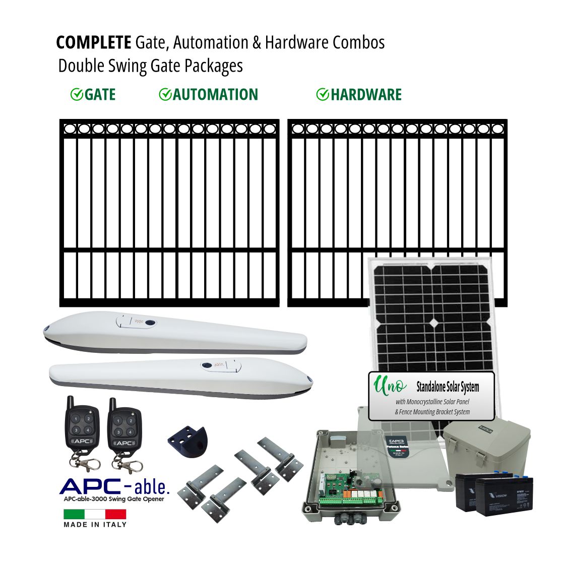 Complete Double Ring Top Gate, Solar Powered Gate Automation & Hardware Combos with Italian Made Gate Opener. Solar Double Swing Gate Packages