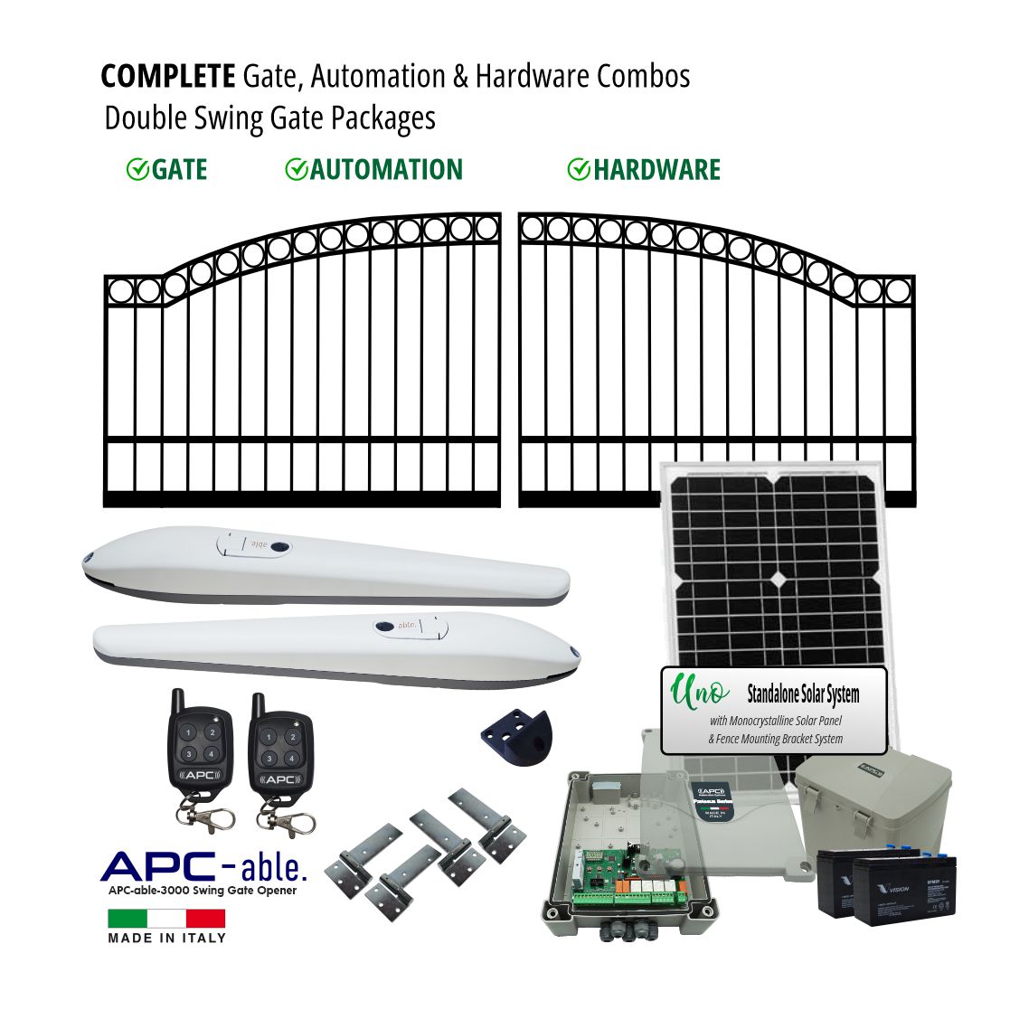 Complete Gate, Solar Powered Gate Automation & Hardware Combos with Italian Made Gate Opener. Solar Double Swing Gate Packages
