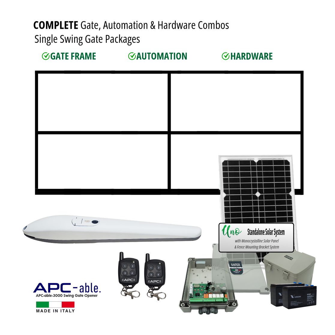 Complete Gate, Solar Powered Gate Automation & Hardware Combos with Italian Made Gate Opener. Solar Single Swing Gate Packages