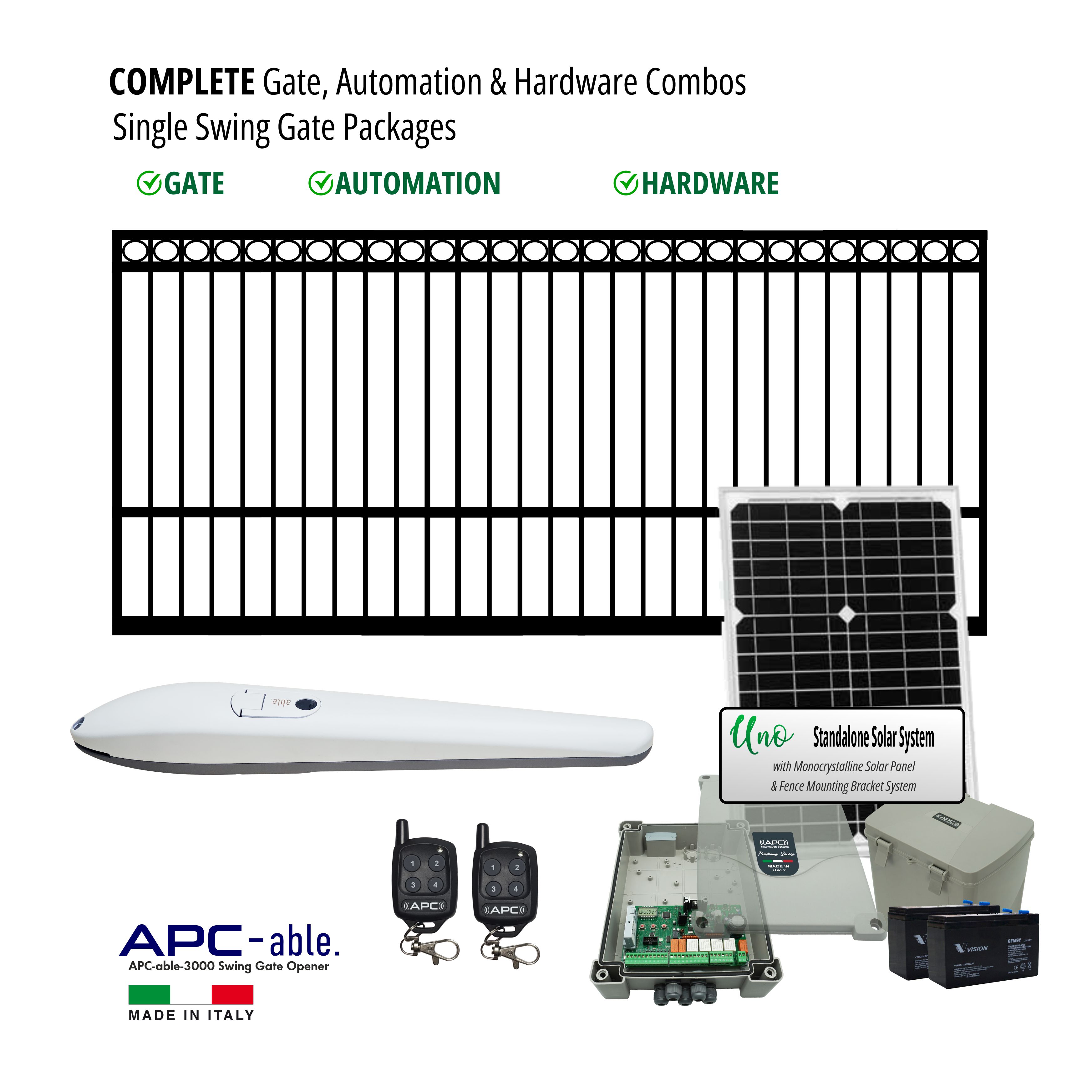 Complete Gate, Solar Powered Gate Automation & Hardware Combos with Italian Made Gate Opener. Solar Single Swing Gate Packages