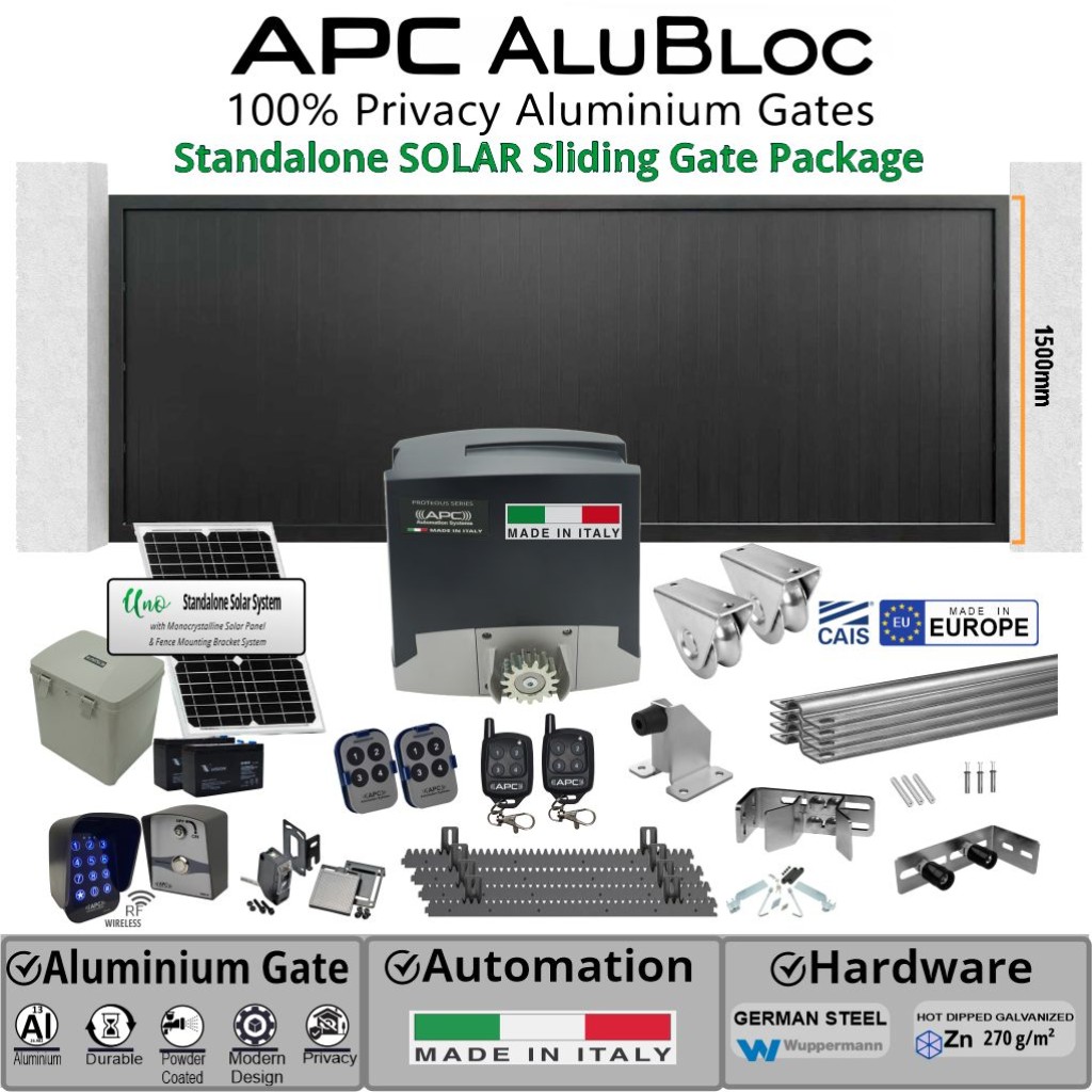 3.5m Aluminium Sliding Gate Combo with Vertical Slat Privacy Gate (1.5m H), Heavy Duty Italian 500kg Automatic Sliding Gate Opener and Premium European Hardware Kit.