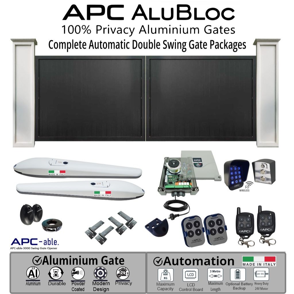 Complete Aluminium Gate, Electric Gate Automation & Hardware Combos with Italian Made APC-ABLE-3000x2 Heavy Duty Gate Opener System. APC Double Swing Electric Gate Packages