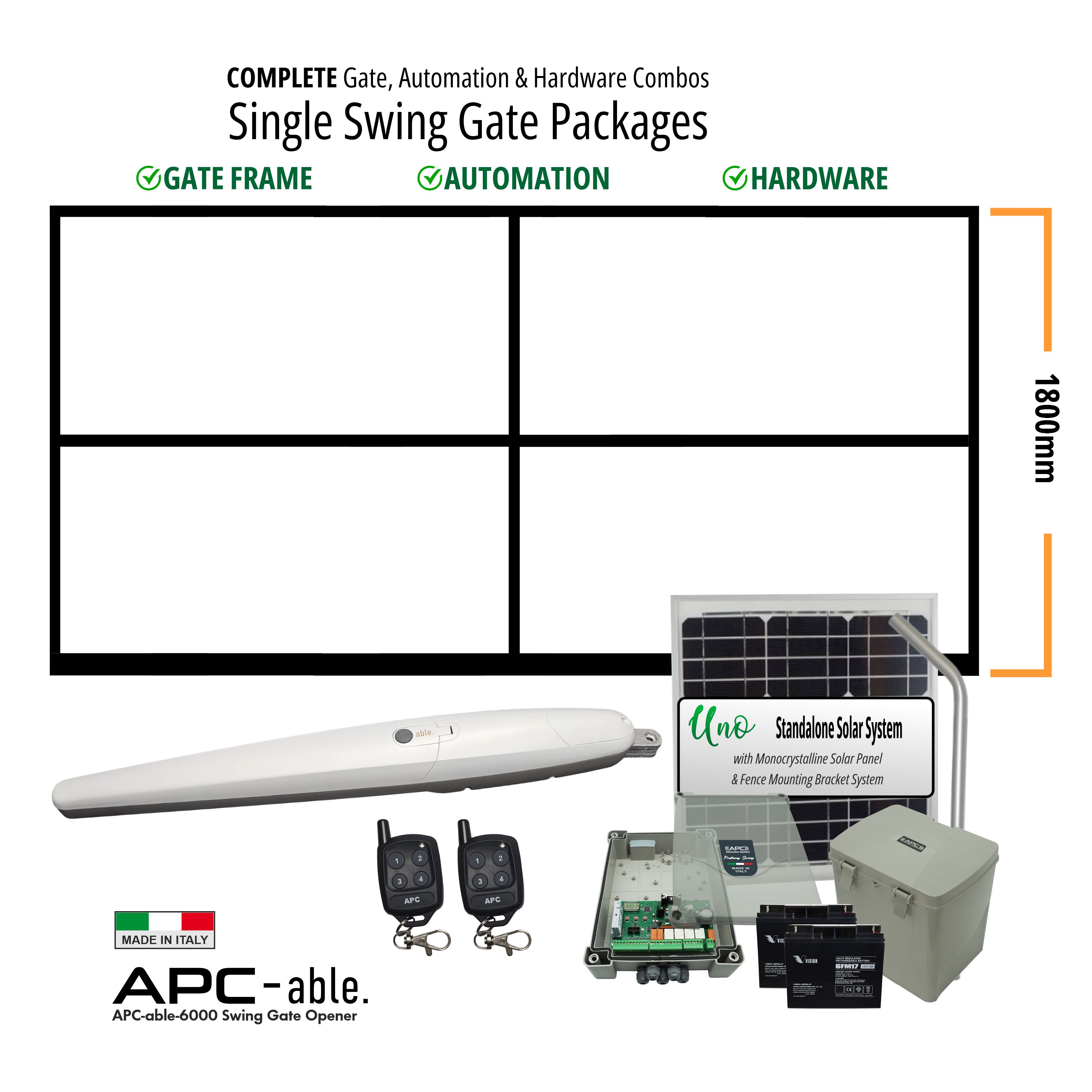 Complete Gate, Solar Powered Gate Automation & Hardware Combos with Italian Made Gate Opener. Solar Single Swing Gate Packages