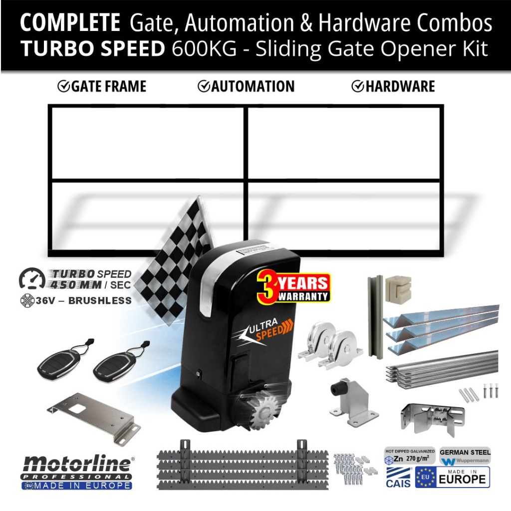 3.5m Gate Frame Including Premium Sliding Gate Hardware + Ultra-Fast European-Made Motorline GALO600-SPEED 36V Brushless Sliding Gate Motor