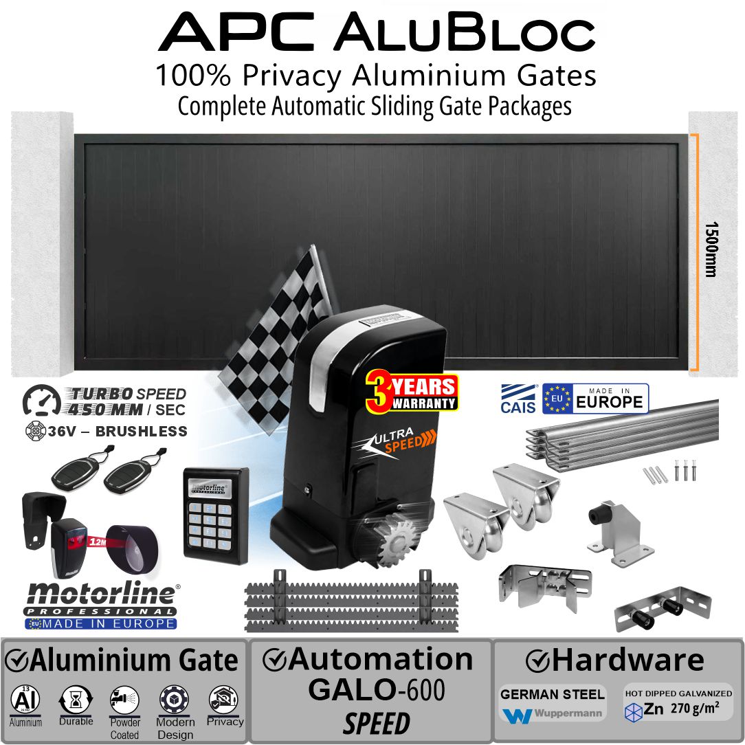 3.5m Aluminium Sliding Gate Combo with Vertical Slat Privacy Gate (1.5m H), Premium European Hardware and Ultra-Fast European-Made Motorline GALO600-SPEED 36V Brushless Sliding Gate Motor Kit.