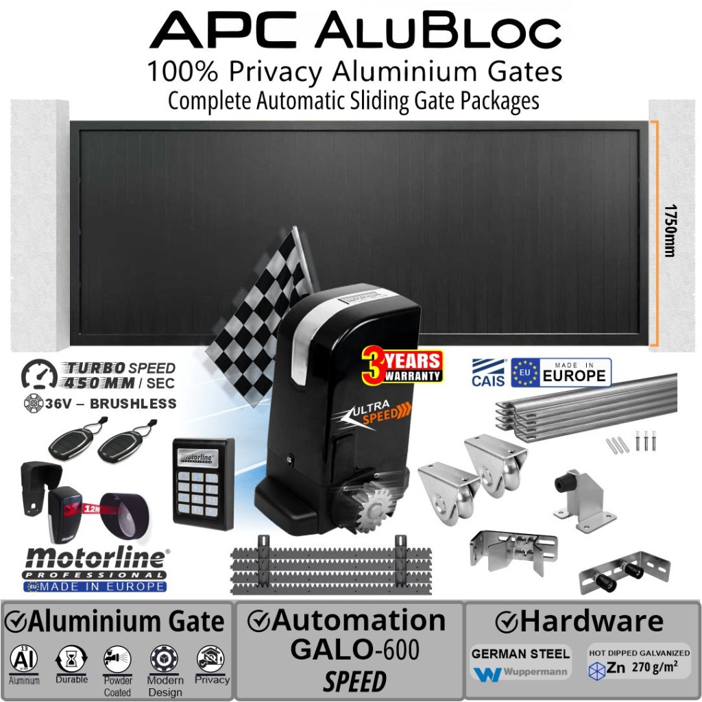 5m Aluminium Sliding Gate Combo with Vertical Slat Privacy Gate (1.75m H), Premium European Hardware and Ultra-Fast European-Made Motorline GALO600-SPEED 36V Brushless Sliding Gate Motor Kit.