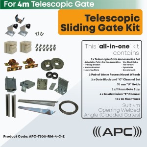 4m Telescopic Sliding Gate Hardware Complete Kit for Cladded Gate with Recess Mounted Wheels and More