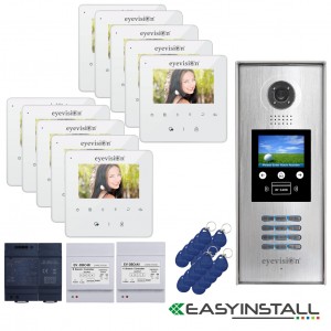 Ten Apartment Eyevision Two Wire EasyInstall Intercom System With Multi Key LCD Display and Video Camera Outdoor Station - Complete Package with 4 Inch Monitors Upgradeable to 7 Inch Monitors