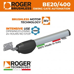 BRUSHLESS 36V Swing Gate Opener Motor|100% Italian Made by Roger Technology BE20/400 for Swing Gate Automation System.