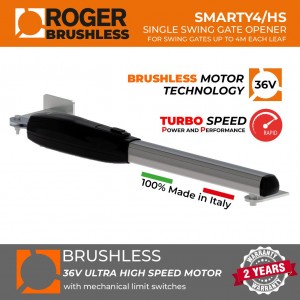Italian-Made Roger Technology 36V Brushless Ultra High-Speed Swing Gate Motor, 4M or 400KG Each Leaf (8m Opening for Double Gate), Super Intensive Use