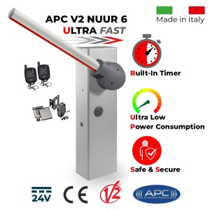 Boom Gate Operator Trade Kit. Made in Italy Boom Barrier Gate Car Parking Access Control APC V2 NUUR 6, Universal Boom Gate Ultra High-Speed Operator with 6 Meter Boom Barrier Arm, Two Remote Control and Safety Sensor