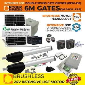 Solar Powered 24V Brushless Double Swing Gate Opener Secure Access Control Kit with Secure Dual Entry and Exit Wireless Keypads and APC UNO Standalone Complete Solar Power System |100% Italian Made by Roger Technology Swing Gate Automation System. Super Intensive Use Brushless Gate Motor | Max. 6m Opening (3M or 300KG Each Leaf)