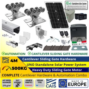 4M Complete Cantilever Gate Hardware and SOLAR Automation Package. Hot Dip Galvanised German Steel Cantilever Sliding Gate Hardware (Made in Europe by CAIS) and Heavy Duty 500kg Sliding Gate Opener Standalone Solar OFF Grid Power System (Made in Italy)