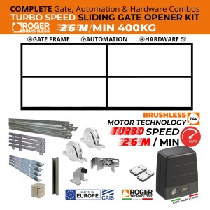 4m Complete Sliding Gate, Hardware and Automation Combo With 4m Steel Gate Frame, Turbo Speed(44CM/S), 400KG, 100% Duty Cycle Roger Technology Brushless Sliding Gate Opener and European-Made CAIS Sliding Gate Hardware