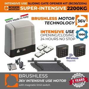 2200kg 36V Brushless Commercial Sliding Gate Automation with Secure Access Wireless Control |100% Italian-Made Roger Technology Sliding Gate Opener Kit with BG30/2204 Super Intensive Use Brushless Electromechanical Roller Gate Motor, Remote Controls, Magnetic Limits, Reflective Safety Sensor and Two Wireless Keypad Secure Access Control