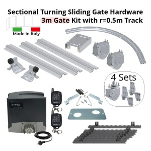 Complete 3m Turning Around The Corner Multi-Panels Sliding Gate Hardware and Gate Automation Combo Kit with Italian Made Sliding Gate Opener, Sliding Gate Track, R=0.5m Curved Ground Track, Corner Sectional Gate Wheels, Limit Stops for Gate Opening and Closing Position and Adjustable Upper Guide Plate With 4 Rollers