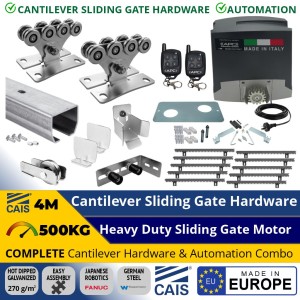 4M Complete Cantilever Gate Hardware and Automation Package. Hot Dip Galvanised German Steel Cantilever Sliding Gate Hardware (Made in Europe by CAIS) and Heavy Duty 500kg Sliding Gate Opener (Made in Italy)