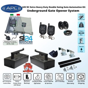 DIY Gate Opener Trade Kit Discreet Underground Automatic Gate System with Italian-Made Simply 24 Universal Control Box, APC-UG2400C Extra Heavy Duty All Metal Gears Underground Gate Motor, Adjustable Limit Switches, Safety Sensor, Remote Controls, Double Swing Gate Automation