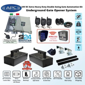 Discreet Underground Automatic Gate Wireless Controller Kit with Italian-Made Simply 24 Universal Control Box, APC-UG2400C Extra Heavy Duty All Metal Gears Underground Gate Motor, Adjustable Limit Switches, Safety Sensor, Wireless Keypad and Push Button Switch, Remote Controls, Double Swing Gate Automation