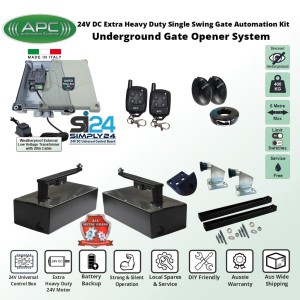 DIY Gate Opener Trade Kit Discreet Underground Automatic Gate System with Italian-Made Simply 24 Universal Control Box, 24V External Transformer and 20m Low Voltage Cable, APC-UG2400C Extra Heavy Duty All Metal Gears Underground Gate Motor, Adjustable Limit Switches, Safety Sensor, Remote Controls, Double Swing Gate Automation